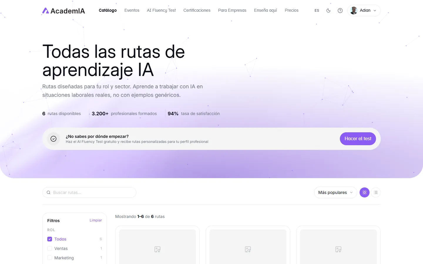 Listado de la biblioteca de lecciones con sus filtros y métricas