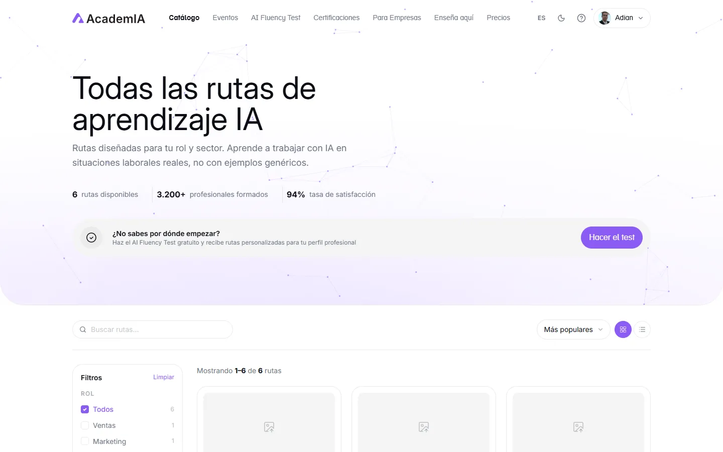 Listado de la biblioteca de quizzes con sus métricas