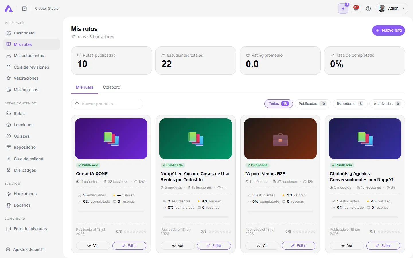 Lista de rutas en el Creator Studio con el botón Nueva ruta
